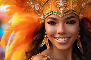 Exotic brazilian young woman dressed for Carnival looking at the camera