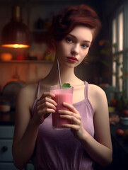 Wall Mural - Beautiful young woman drinking a pink smoothie in a glass, , ai generated