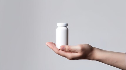 mock up, hand holding a blank white pill bottle container pharmaceutical medicine pills