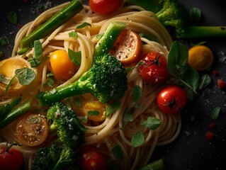 Wall Mural - Pasta Primavera with a close-up view of the sautéed vegetables, noodles, and sprinkled herbs