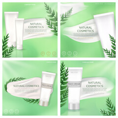 Wall Mural - Collection of 4 cosmetic product advertisement with cream smear, fresh leaves and white package of natural facial or body cream on green background. Organic skincare promotion square post banners