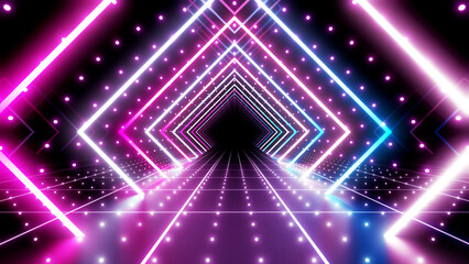 Wall Mural - neon line tunnel glowing fluorescent light corridor stage 3d illustration background