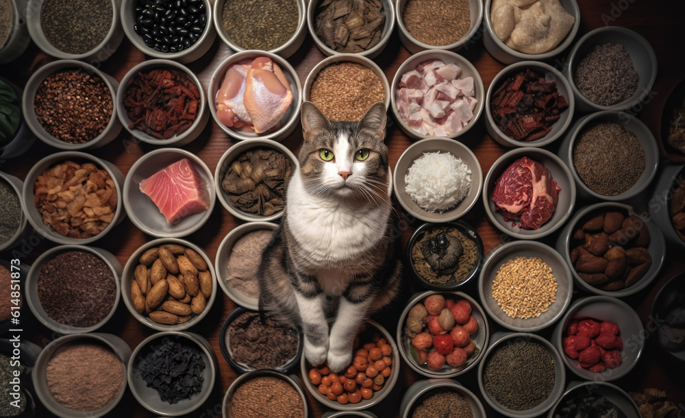 cat sitting amid food bowls with different cat food ingredients. concept for healthy cat nutrition, regional and organic vs. processed