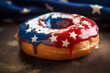 Donut with american flag on wooden background. Toned.