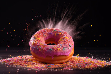 Donut expressive shot with topping and sugar powder splash. Tasty donut food styling image. Generative AI.