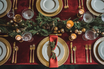 Wall Mural - Christmas table scape, elegant formal dinner table setting, tablescape with holiday decoration for party event celebration, generative ai