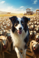 Poster - A well-trained border collie herding sheep on a farm, symbolizing the intelligence and working abilities of herding breeds. Generative AI technology.