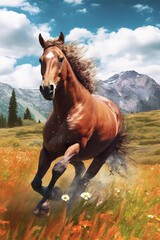 Wall Mural - A majestic horse galloping freely in a scenic meadow, capturing the beauty and grace of these magnificent creatures. Generative AI technology.