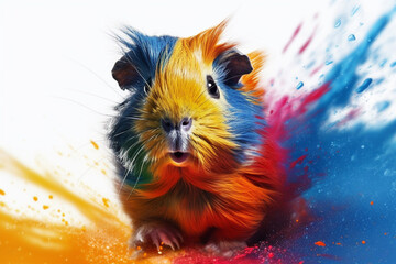 Wall Mural - An vibrant photograph of a Guinea pig splashed in bright paint, contemporary colors and mood social background.  Generative AI technology.