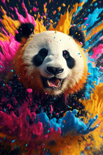  An Abstract Surreal Photograph Of A Panda Splashed In Bright Paint, Contemporary Colors And Mood Social Background. Generative AI Technology.