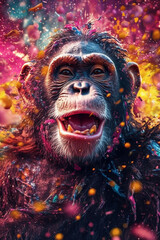 Aufkleber - An abstract surreal photograph of a Chimpanzee splashed in bright paint, contemporary colors and mood social background.  Generative AI technology.