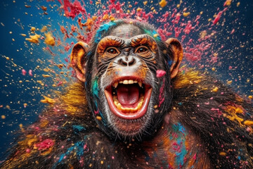 Leinwandbilder - An vibrant photograph of a Chimpanzee splashed in bright paint, contemporary colors and mood social background. Generative AI technology.