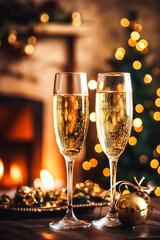 Champagne in front of a fireplace on a holiday eve celebration, Merry Christmas, Happy New Year and Happy Holidays wishes, generative ai