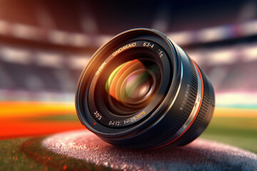 Aufkleber -  A dynamic shot of a camera lens capturing a fast-moving subject, such as a sports event or wildlife, freezing the action with precision.  Generative AI technology.