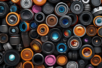 Aufkleber - A creative composite image of multiple camera lenses arranged in a visually appealing pattern, representing different focal lengths and perspectives.  Generative AI technology.