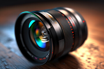 Aufkleber -  A product shot of a brand new camera lens, highlighting its key features and specifications, enticing photographers and enthusiasts.  Generative AI technology.