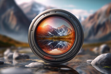 Aufkleber - A reflective photograph of a camera lens capturing the surrounding environment, reflecting the beauty and diversity of the world we see through the lens.  Generative AI technology.