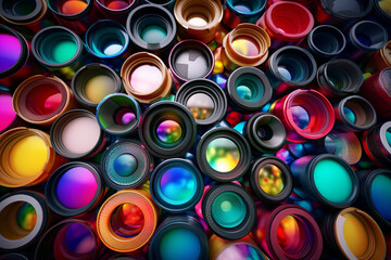 Poster - An artistic composition of colorful camera lenses arranged in a circular pattern, representing the diversity and creativity of the photography community.  Generative AI technology.