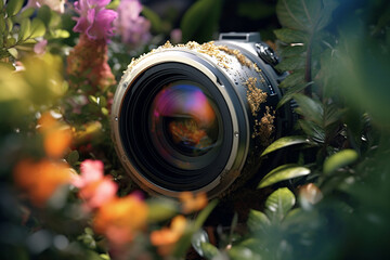 Poster - A composite image of a camera lens merging with nature, such as blending into a tree branch or camouflaging in a flower, and the natural world.  Generative AI technology.