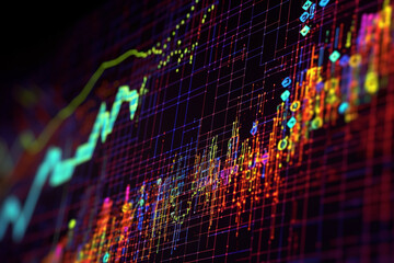 Leinwandbilder -  A close-up shot of a stock market chart on a computer screen, highlighting the intricate details and patterns formed by the lines.  Generative AI technology.