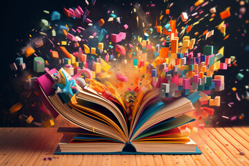 Aufkleber -  An artistic illustration of a book surrounded by a burst of colorful abstract shapes and lines, representing the creative and transformative power of education.  Generative AI technology.