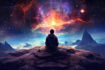 Fototapete -  A digital artwork depicting a person meditating in a serene cosmic landscape, with galaxies and nebulae swirling around them, representing the harmony. Generative AI technology.