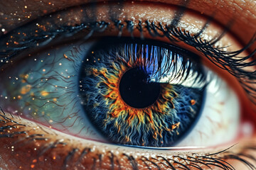 Poster -  A close-up photograph of a person's eye reflecting a starry sky, emphasizing the idea that the universe is reflected within us and that we are a microcosm of the cosmos.  Generative AI technology.