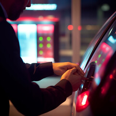 Leinwandbilder -  a user interacting with a touch screen interface on an electric charging station, allowing them to monitor and control the charging process.  Generative AI technology.