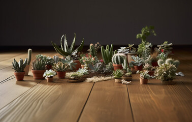 Poster - Succulent plants and cactus in pots on a wooden floor created with Generative AI technology