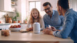 © annebel146 - Smart AI speaker concept Happy Family talk to voice assistant at home and feel happy having fun. technology and internet concept Happy father, mother and children