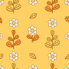 Wall Mural - Floral seamless pattern with chamomile flowers and branches on yellow background. Groovy vector Illustration for wallpaper, design, textile, packaging, decor.