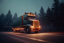 A Truck Transporting A Christmas Tree And Presents. Generative AI