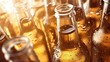Fresh cold light beer bottles in ice cubes close up. AI generation