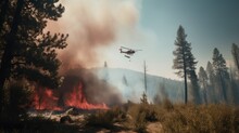 Helicopter Fly Above The Forest Fire