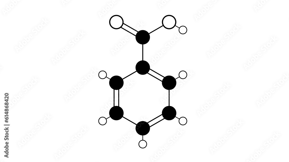 benzoic acid molecule, structural chemical formula, ball-and-stick model, isolated image aromatic carboxylic acid