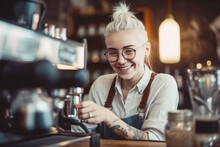 Smiling woman making coffee in coffee maker. Portrait of a happy and smiling waitress, or small business owner in the coffee shop. 