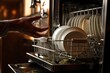 © Margo_Alexa - A woman's hand is loading dishes, emptying or unloading a dishwasher with dishes. The housewife puts the plate in the dishwasher or takes it out. Kitchen appliances, lifestyle.Generative AI