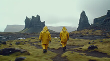 Postapocalyptic Landscape With Mountains And Two People In Protective Gear