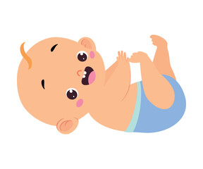 Poster - Cute Little Baby Boy or Infant in Blue Diaper Lying on His Back Vector Illustration