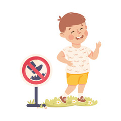 Sticker - Little Boy Treading on Lawn Having Bad Behavior Vector Illustration