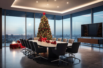 Contemporary Corporate Office Meeting Room Elegantly Decorated for the Festive Christmas Season, Showcasing a Stylish Christmas Tree Adorned with Glowing Garland