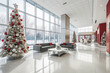 Corporate Christmas: A Business Lobby Foyer. Festively Decorated for the Holiday Season. Office holiday celebration, Christmas corporate events, workplace decor. Copy Space