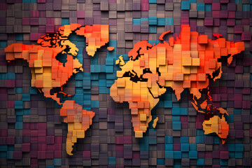 World Map Abstraction: Colorful Squares Woodcarving Style. Travel, global business connectivity, education themes