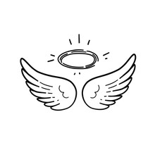 Vector Illustration With Angle Wings And Halo. Hand Drawn Angel Wings Vector Art. 