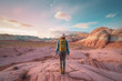 © Michael Schauer - Female hiker in a colorful sandstone mountain landscape at sunset