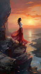 Wall Mural - a lonely woman thinking about life at the top of a hill in an epic oil painting style, sunset scenery, ai generated image