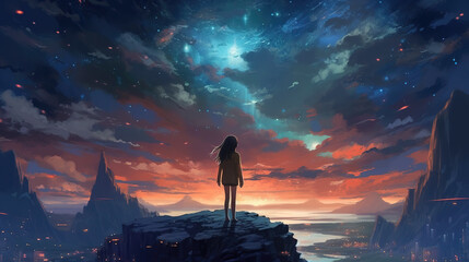 Wall Mural - an epic anime illustration of a lonely woman standing on top of a hill under a sky full of stars, ai generated image