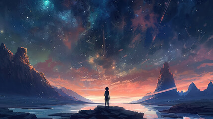 Wall Mural - a landscape anime artwork of a lonely girl watching the universe, lake scenery, ai generated image