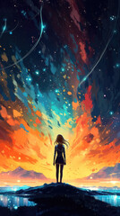 Wall Mural - an impressive radiant shining sky at sunset with an anime girl standing in front, ai generated image