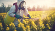 a worker or farmer in a protective suit and spray mask processes rows of plants in a field or garden. Insecticide and chemistry on a huge vegetable farm. Generative AI 